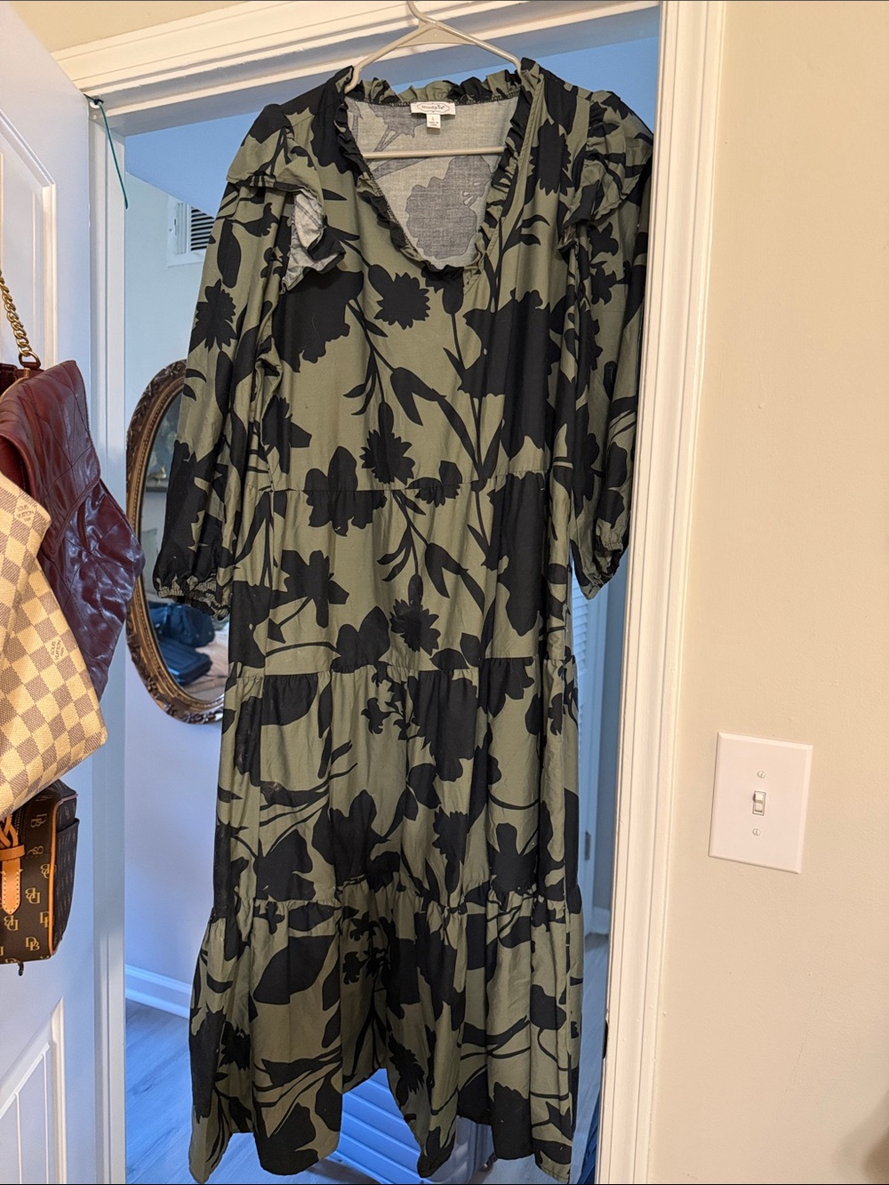 Mud Pie Olive Green & Black Floral Ruffle-Tier Midi Dress